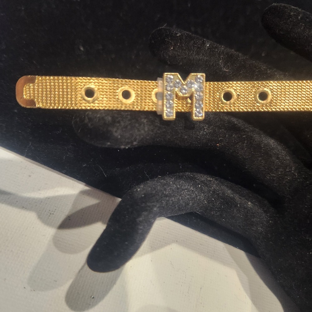 Gold Tone Mesh Slide‎ Bracelet Rhinestone Initial M Letter Adjustable Buckle